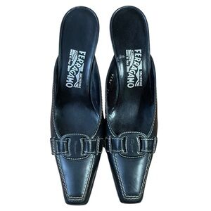 Salvatore Ferragamo Black Mules‎ with Low Heel and Decorative Vamp 7.5 3A
